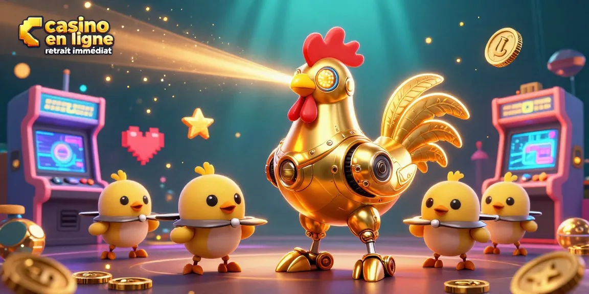 Plongez dans l'univers du casino en ligne retrait immédiat avec notre illustration dynamique d'un robot coq futuriste.