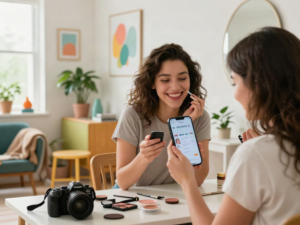 Young woman reviewing her attractiveness test results in a bright, inviting room