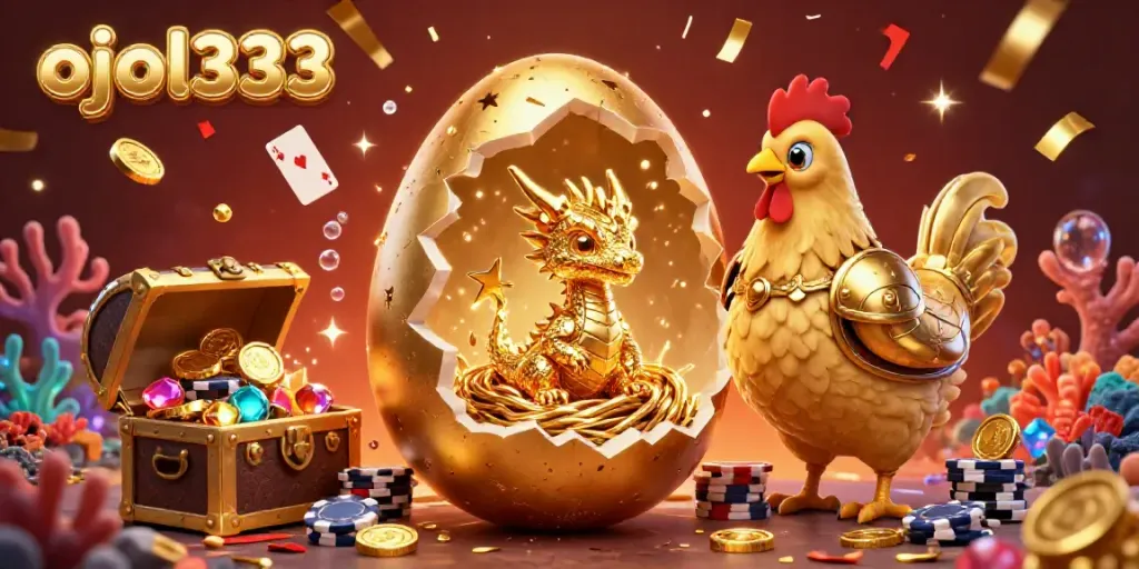 Experience the excitement of ojol333 with a vibrant 3D illustration showcasing a golden dragon and poker chips.