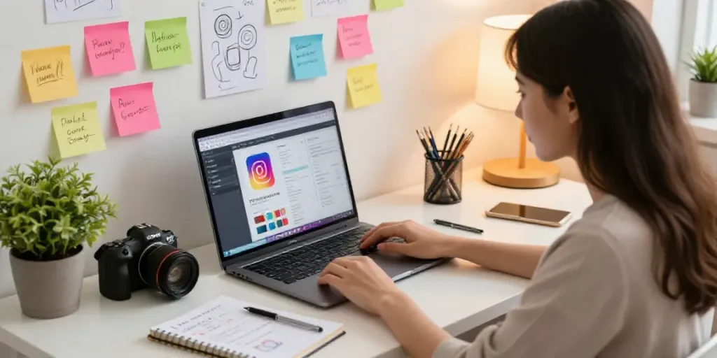 How to write Instagram post ideas with AI in a creative workspace showing a woman brainstorming.