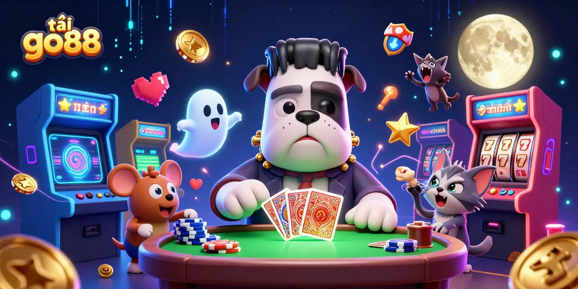 Engage in exciting gameplay with tải go88 as a Frankenstein bulldog monster deals cards at a spooky casino table.