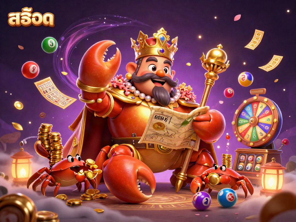 Play สล็อต with the golden crab emperor and watch lotto balls bounce in this vibrant casino scene.