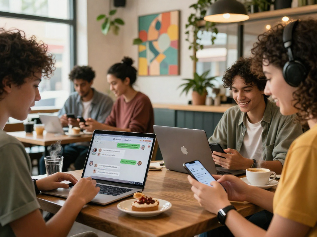 Diverse friends engaging in spicy chat AI discussions over coffee in a cozy café.