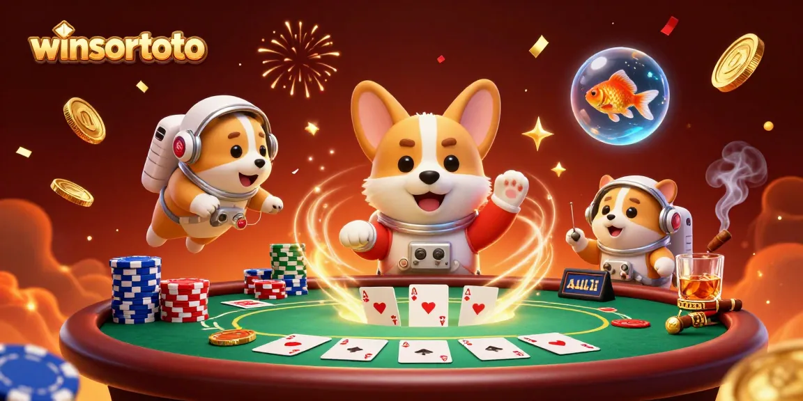 Memenangkan hadiah di winsortoto dengan corgi astronaut, koin emas dan banyak elemen kasino seru.