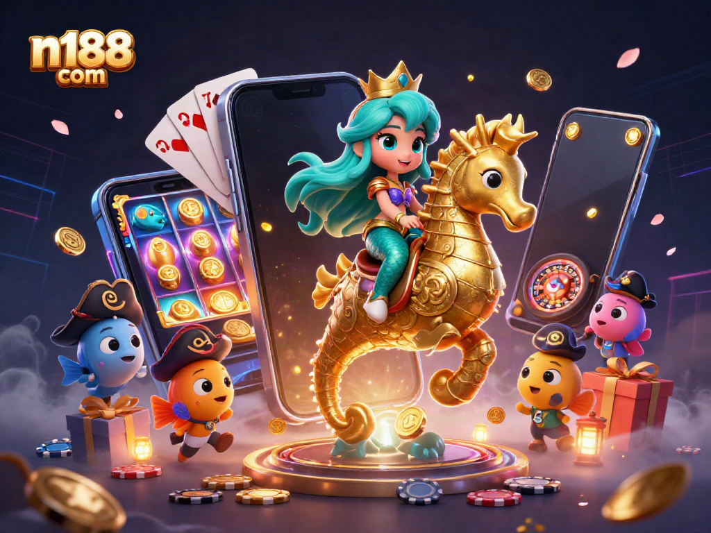 Play games at n188 com with a vibrant mermaid scene featuring slot games and golden coins.