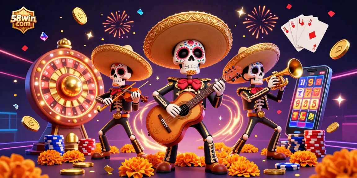 Celebrate wins at 58win com with a festive 3D casino scene featuring lucky slot reels, gold coins, and vibrant mariachi band.
