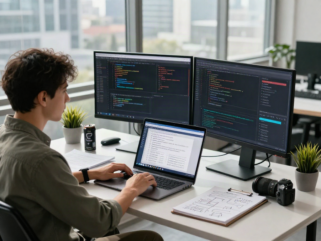 Data analyst using document fraud detection software in a modern office environment.
