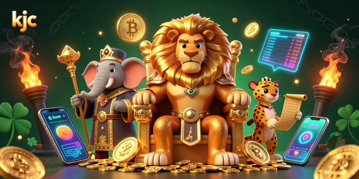 Engage with the dynamic KJC casino illustration featuring a royal lion and crypto symbols.