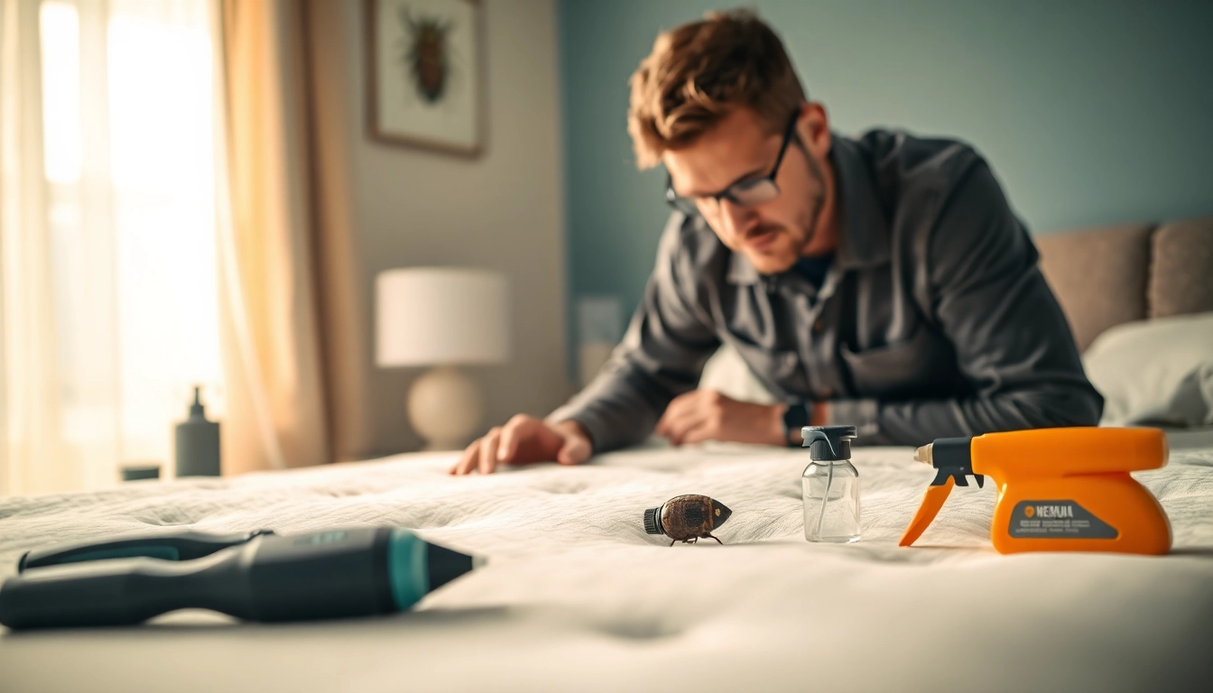 Effective bed bug pest control technician working diligently in a cozy bedroom.