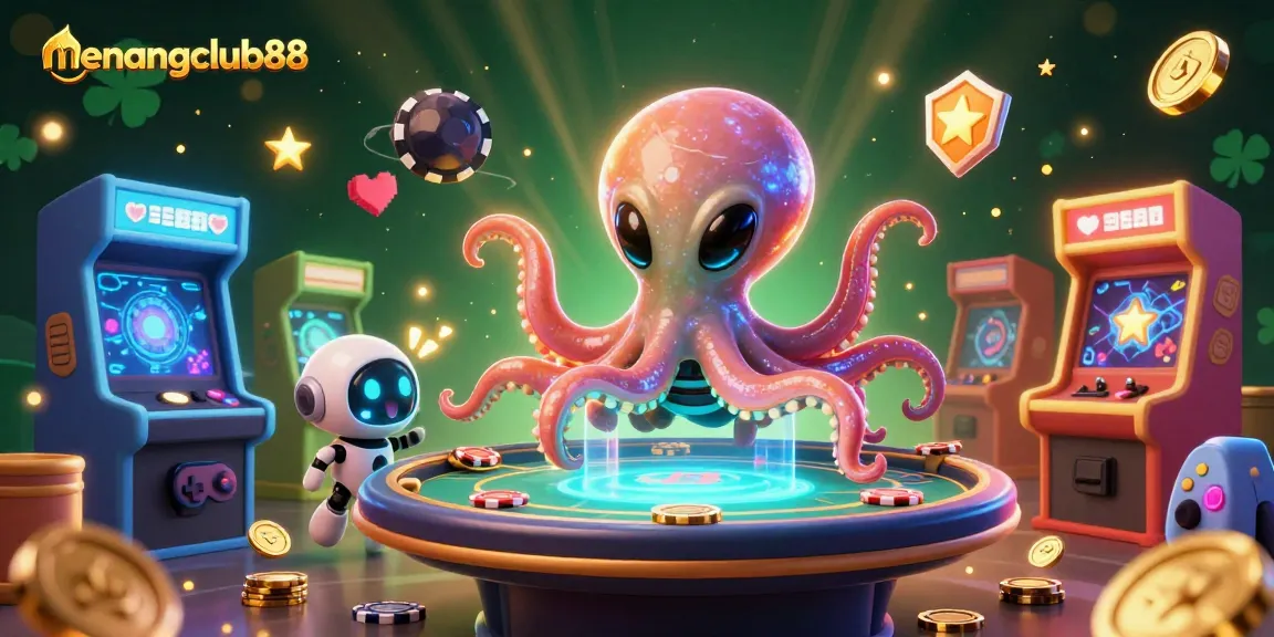 Engage with menangclub88 featuring dynamic 3D alien octopus in a digital casino setup.