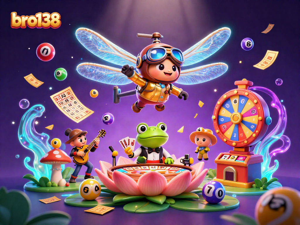 Engage with the vibrant casino world of bro138 featuring dragonfly pilot, frog dealer, and lively musicians.
