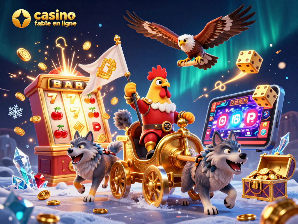 Illustration dynamique de casino fiable en ligne avec un roi coq, des machines à sous, et un trésor éclatant.
