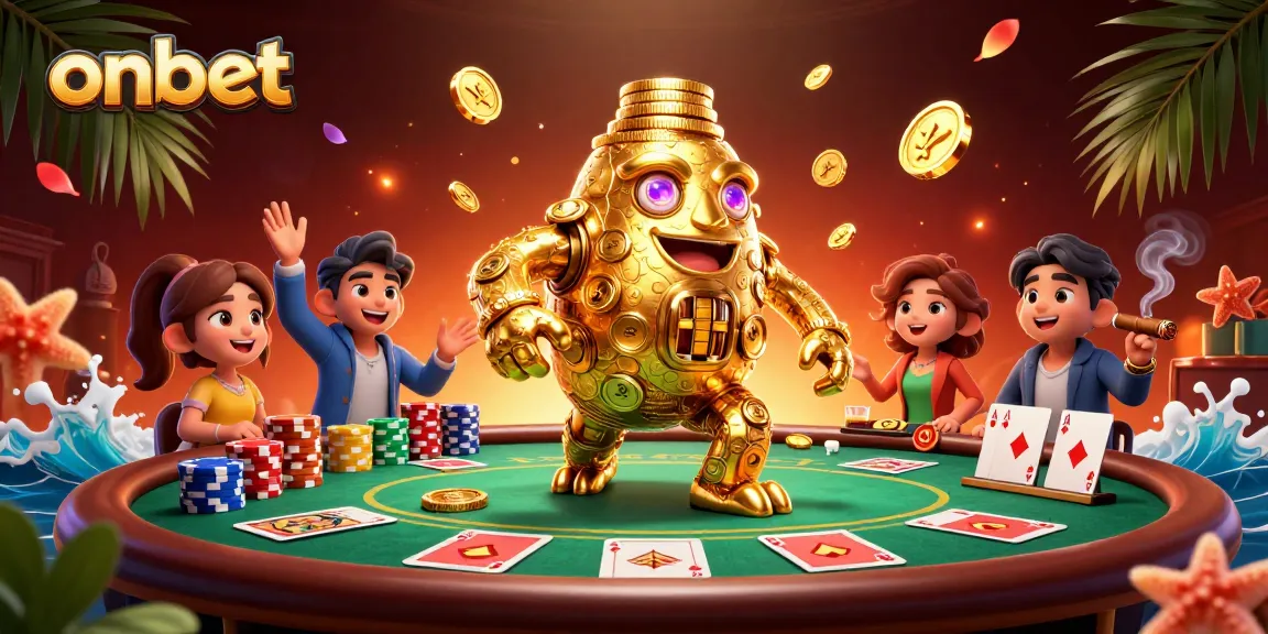 Experience thrilling games at onbet with gem-eyed golden golem and vibrant poker elements.