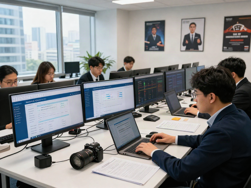Team reviewing websites for 먹튀스팟 검증사이트 in a modern office, ensuring online safety.