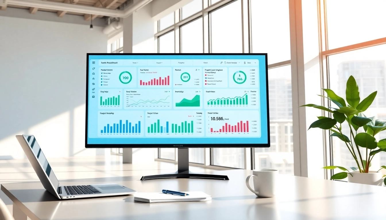 Visualize a unified marketing dashboard for real estate in a modern office setting.