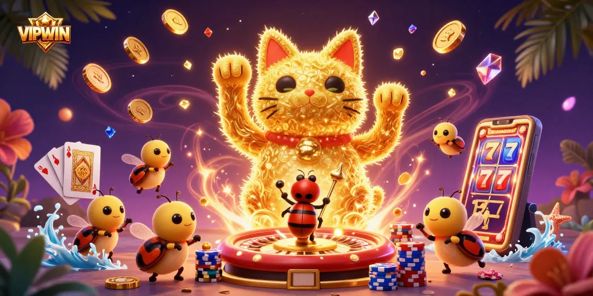 Experience the excitement at VIPWIN with a vibrant illustration featuring casino elements like golden fireflies and a lucky cat.