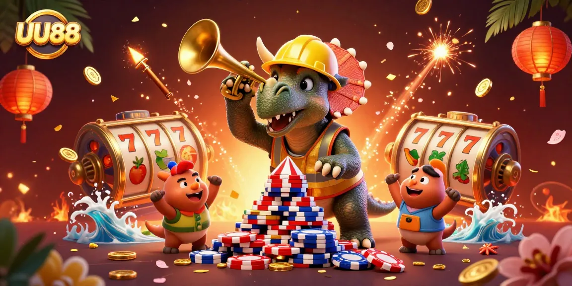 Engage in exciting gambling action at UU88 with a lively 3D casino scene featuring vibrant characters and slot reels.