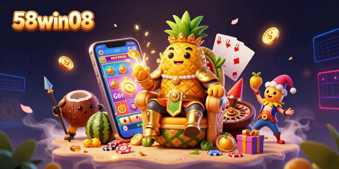 Spin to win with 58win08 at a vibrant beach casino featuring golden characters and colorful game elements.