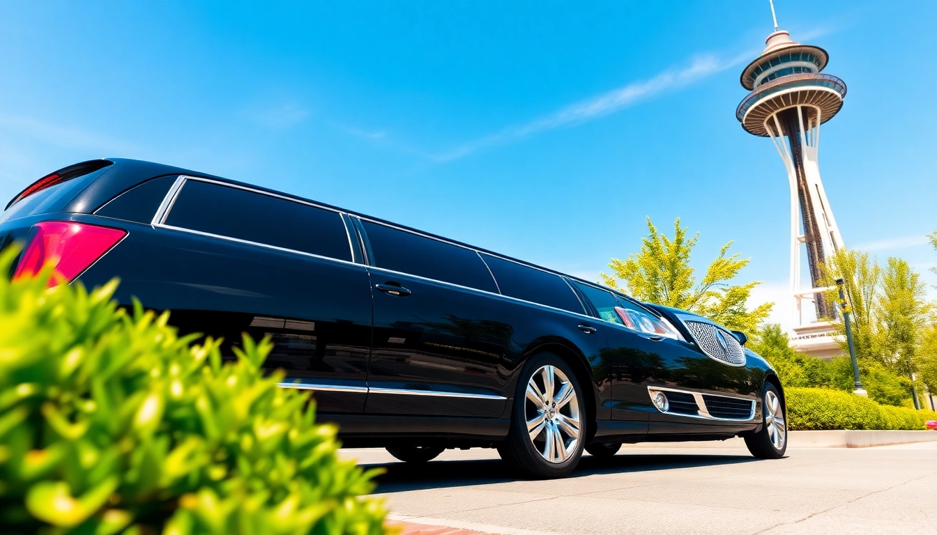 Experience the luxurious limousine service yvr to seattle with a sleek black limousine at the Space Needle.