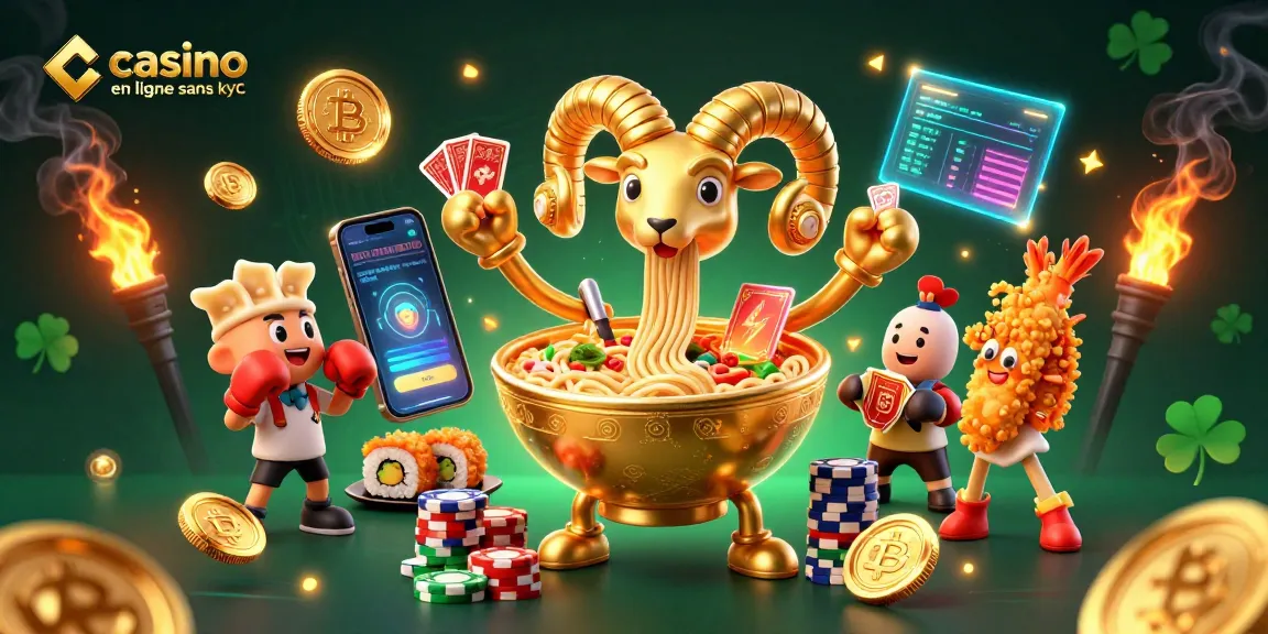 Jouer au casino en ligne sans kyc avec des personnages de ramen et de sushi dans une illustration vibrante.