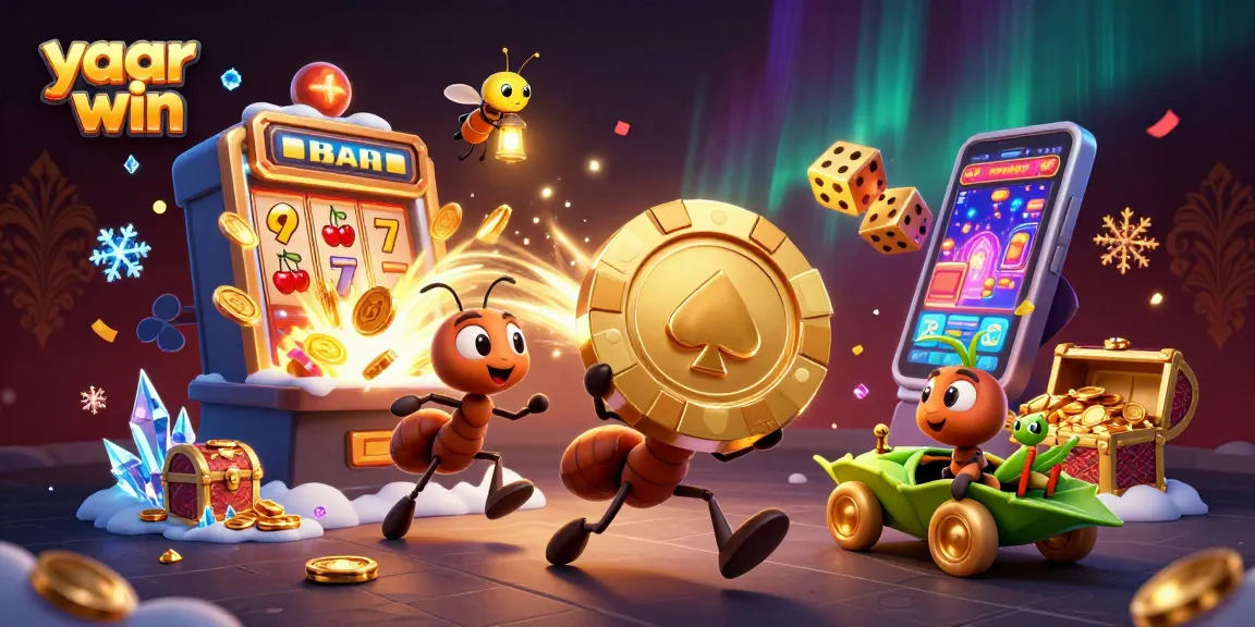 Experience thrilling action with yaar win while ants heist golden poker chip amidst bursting jackpot elements.