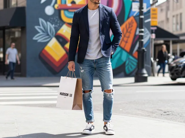 Stijlvolle man in goedkope herenkleding met shopping tas op een drukke straat.