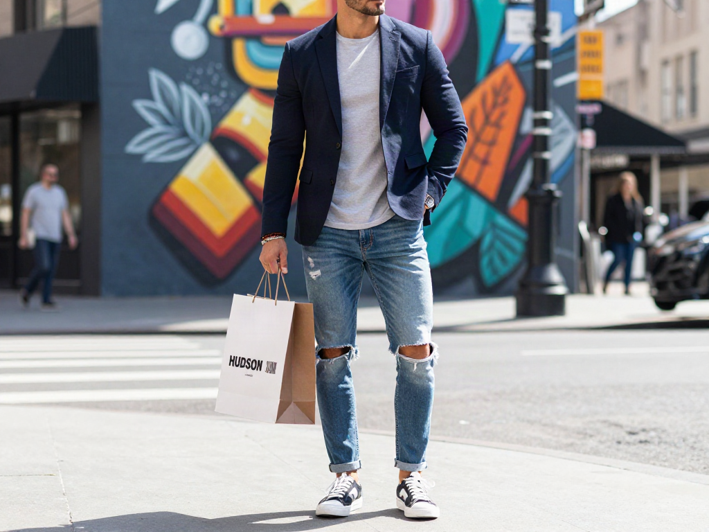 Stijlvolle man in goedkope herenkleding met shopping tas op een drukke straat.