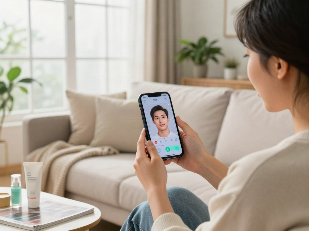 Person using an app to see how old do I look in a cozy living room setting