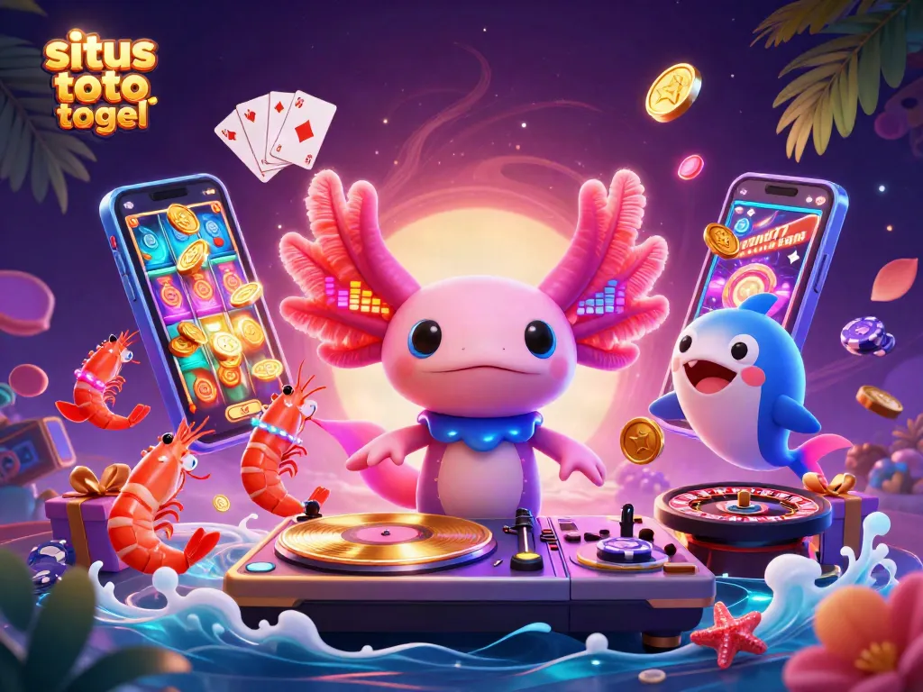 Bermain situs toto togel dengan karakter kartun meriah dalam ilustrasi 3D penuh warna, menampilkan DJ axolotl dan teman-teman laut yang meriah.