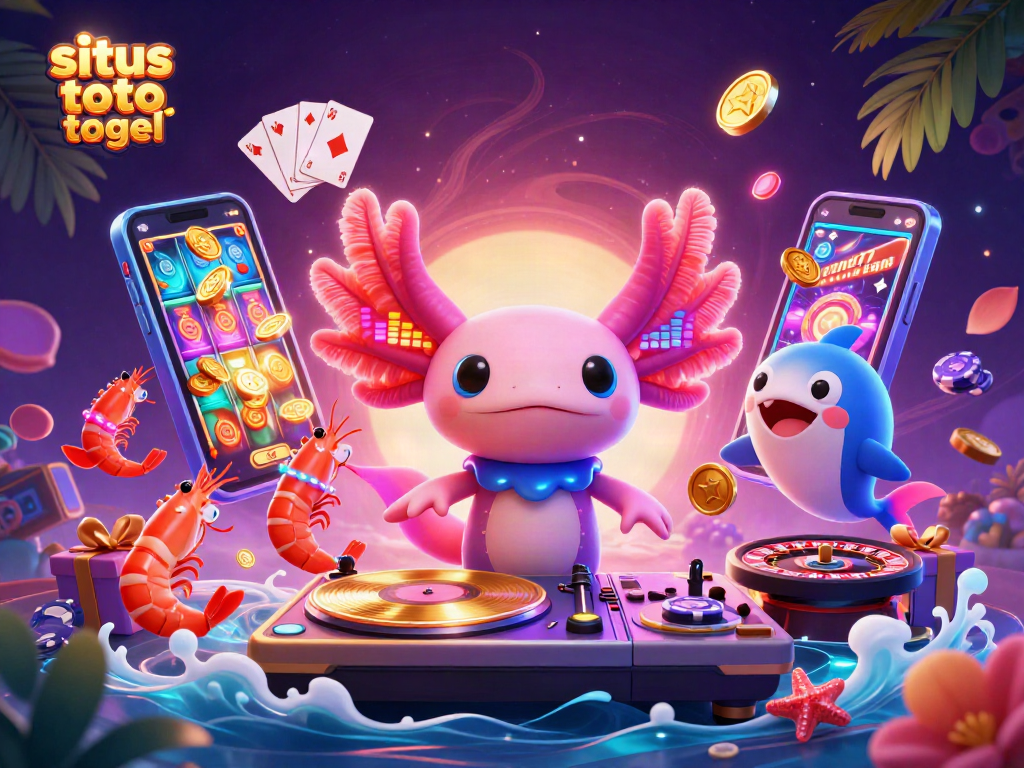 Bermain situs toto togel dengan karakter kartun meriah dalam ilustrasi 3D penuh warna, menampilkan DJ axolotl dan teman-teman laut yang meriah.