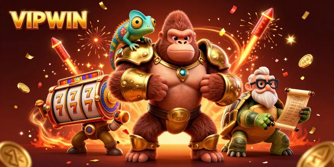 Experience VIPWIN with a dynamic 3D illustration showcasing a powerful gorilla king and exciting casino elements.