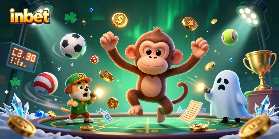 inbet's vibrant casino scene with a mischievous monkey and a ghost-hunter puppy tracking golden treasures