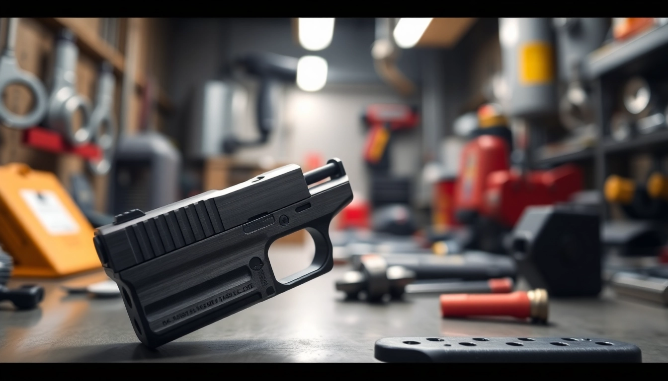 Examine the glock 43x mos oem slide showcasing its precision and craftsmanship in a workshop setting.