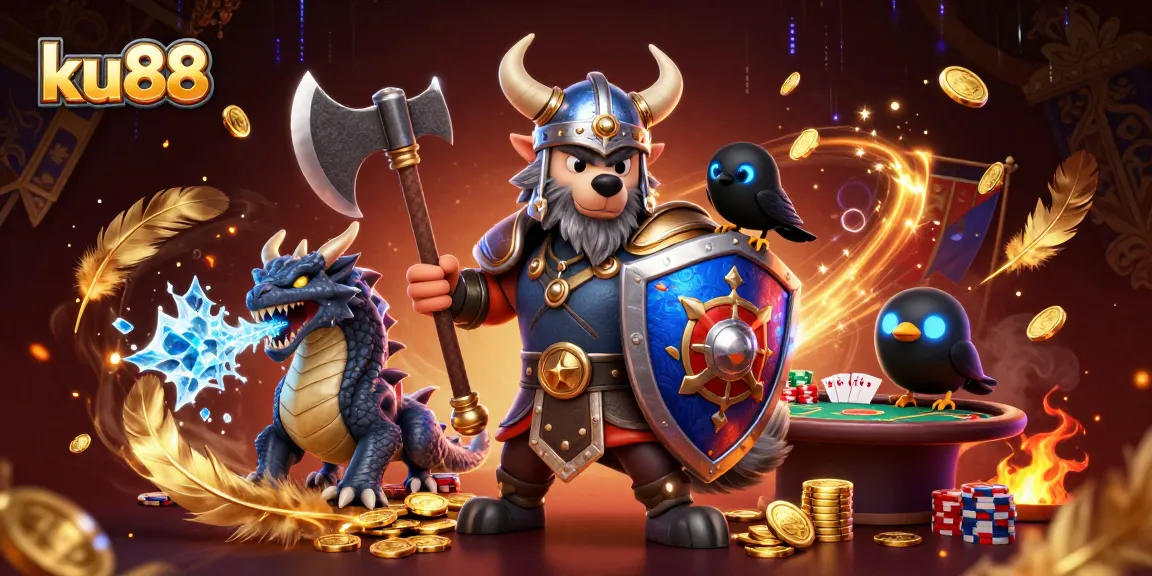ku88 illustrating a Viking wolf warrior, dragon, and raven in a dynamic poker scene