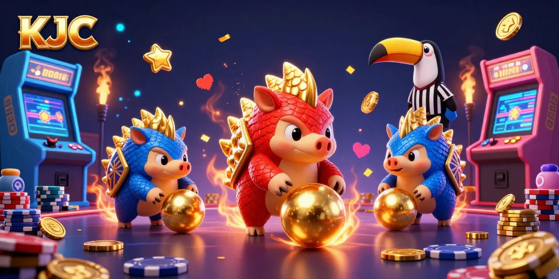 KJC pangolins compete in a vibrant casino scene filled with poker chips and arcade elements.