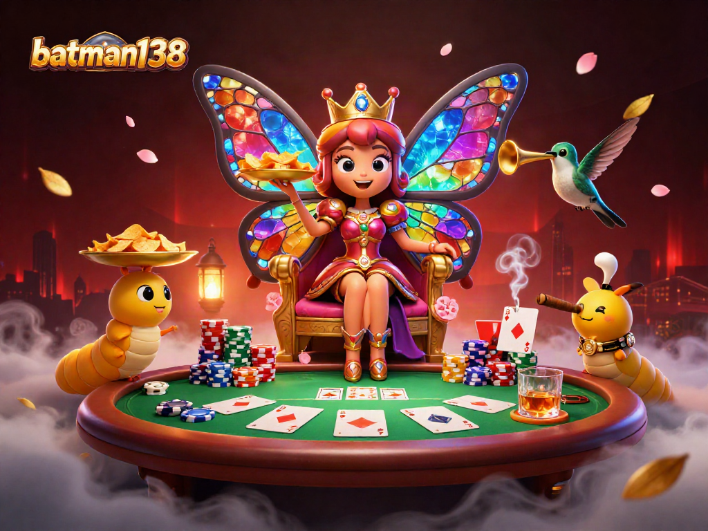 Engage with batman138 at a vibrant casino scene featuring a butterfly queen and poker elements.