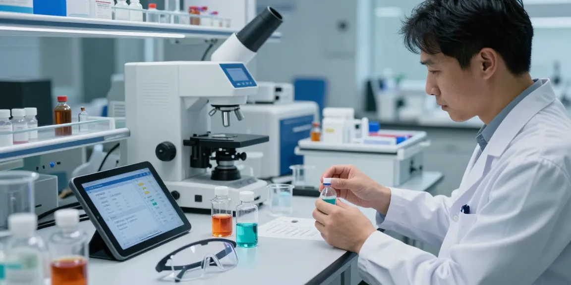 BPC 157 TB 500 Blend preparation in a modern lab setting with colorful liquid ingredients and advanced lab equipment.