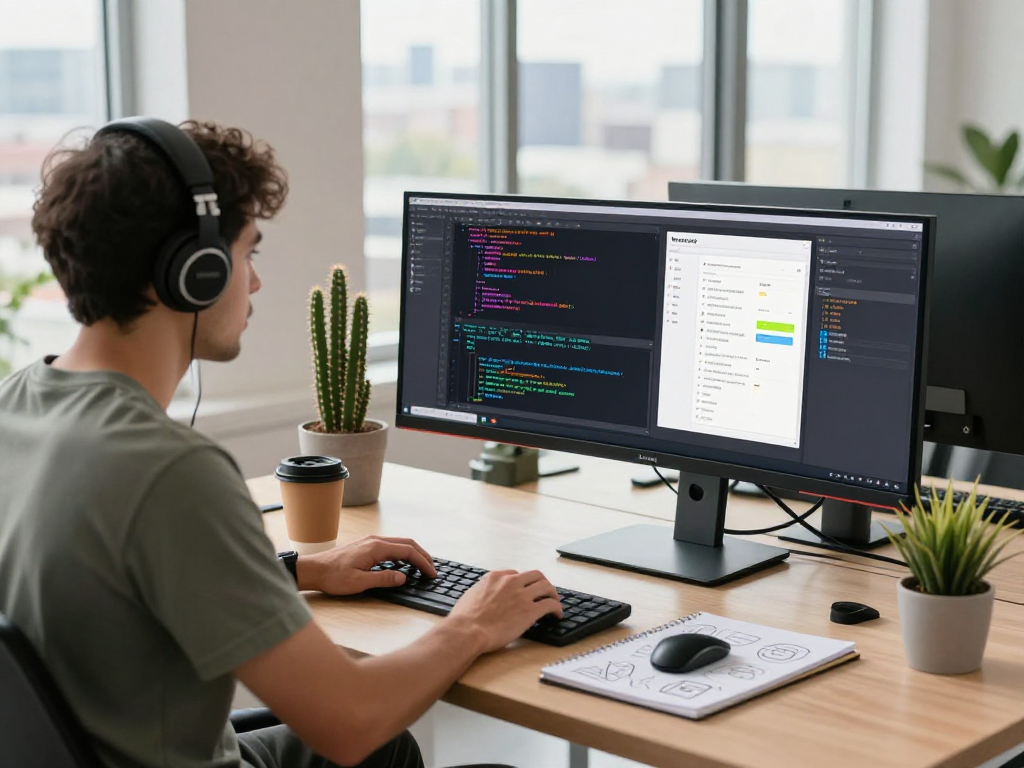 mantra88 login scene with a developer coding at dual monitors in a vibrant workspace