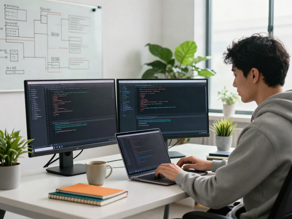 Developer navigating code on dual monitors in a modern tech workspace to help users go to this site.