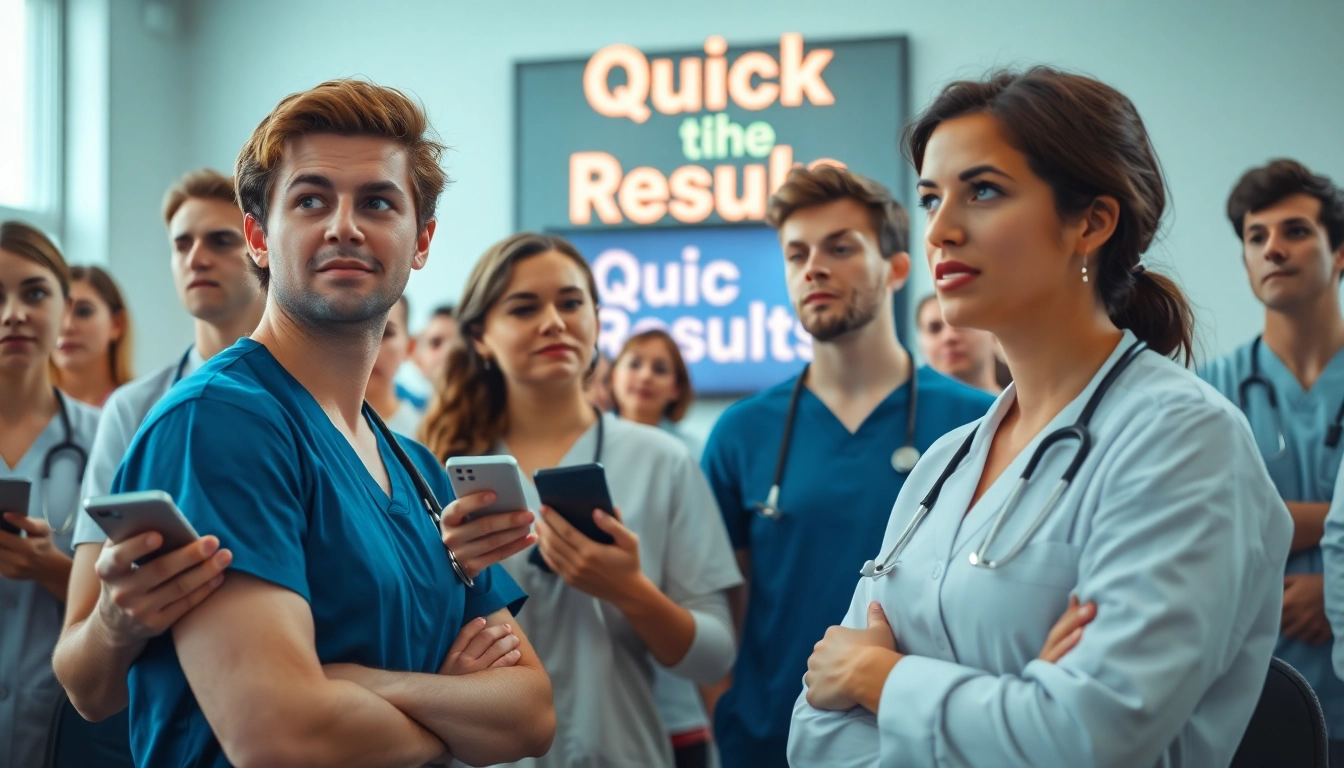 Reveal Past Nclex fast results to anxious nursing candidates in a bright examination setting.