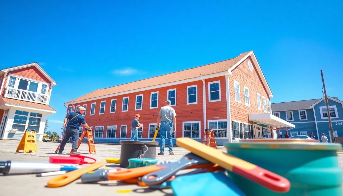 Commercial painter Maine team painting a vibrant building under blue skies.