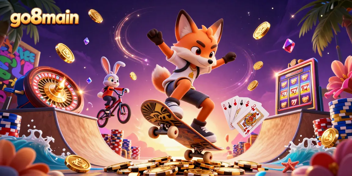 Engage with go8main as a 3D fox skater flips over poker chips in a vibrant casino scene.