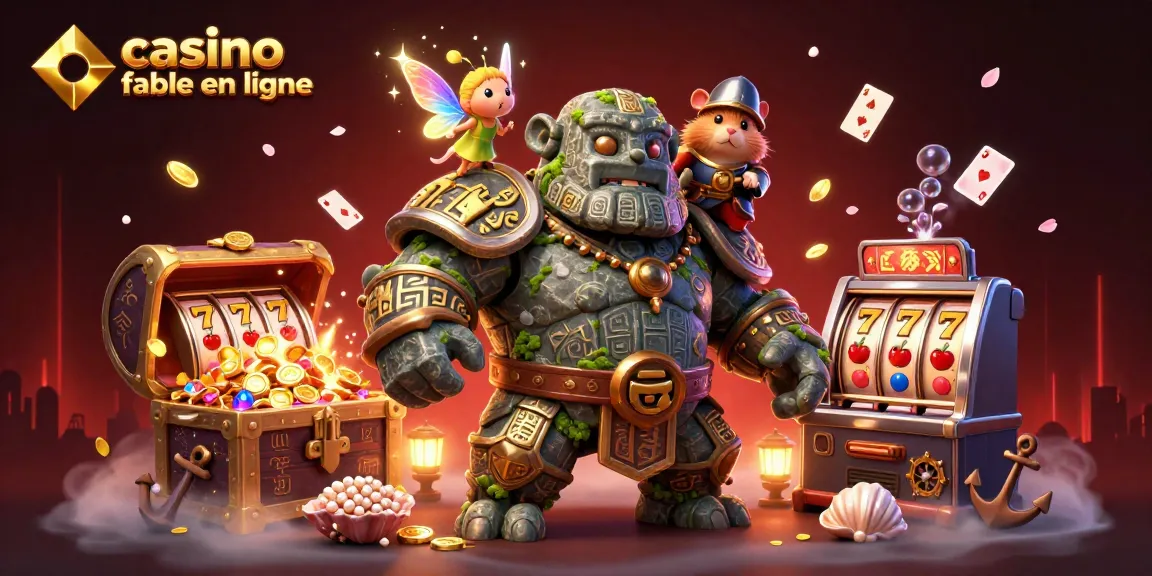 Illustration d'un golem de casino fiable en ligne avec une fée et un chevalier, entouré de trésors scintillants.