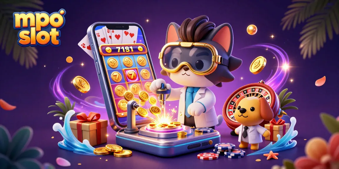 Spin the vibrant mpo slot reels with golden coins erupting from a smartphone, showcasing animated gambling action.