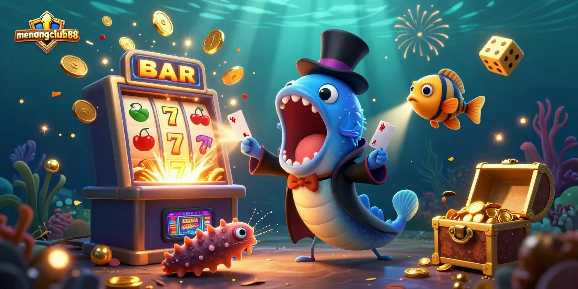 Experience the magic of menangclub88 as a deep-sea gulper eel performs thrilling card tricks amidst casino excitement.