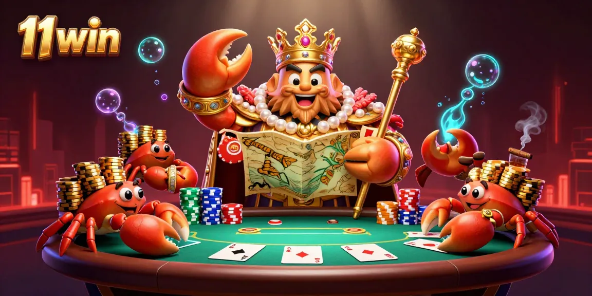 Join the 11 win adventure with a crab emperor amidst colorful poker elements and treasure!