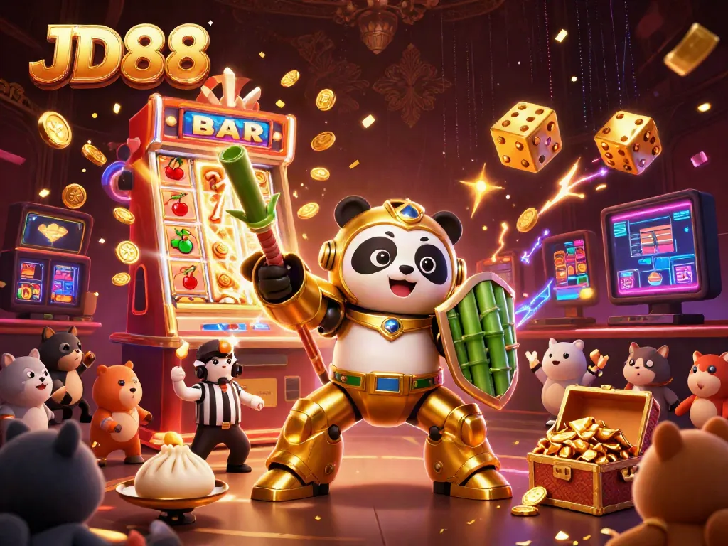 Engage with JD88's thrilling atmosphere featuring a golden panda in an action-packed casino scene.