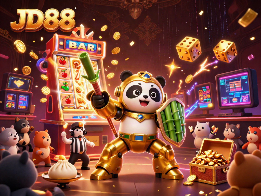 Engage with JD88's thrilling atmosphere featuring a golden panda in an action-packed casino scene.