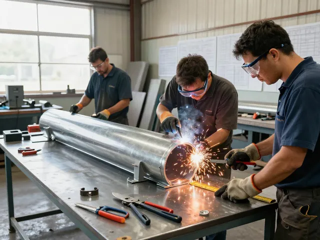 Sheet metal fabrication at https://www.millersheetmetalinc.com/ with workers welding and measuring HVAC components.