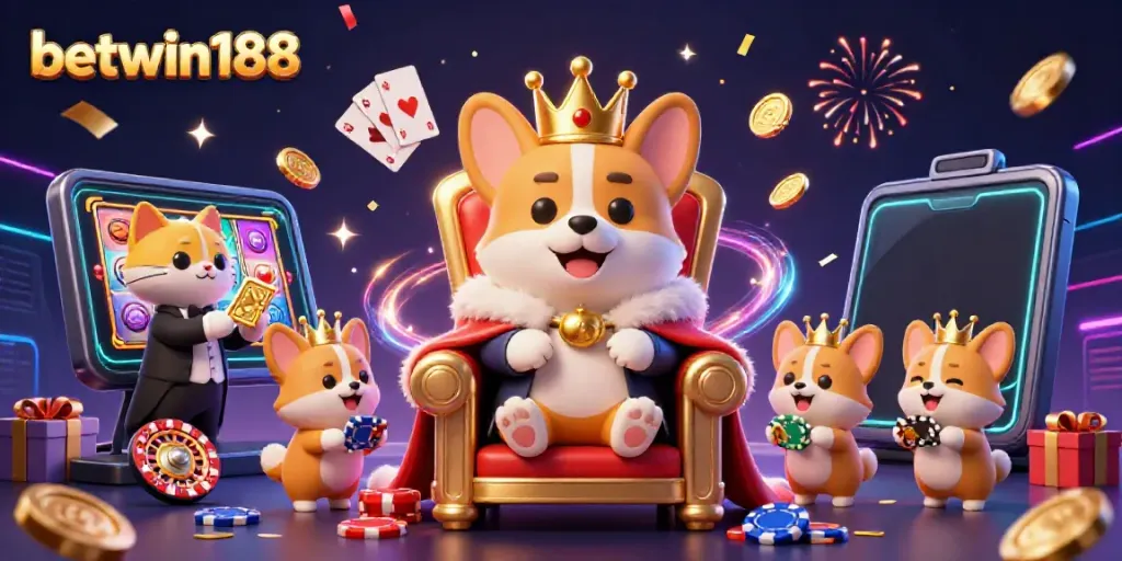 Gambaran meriah betwin188 dengan corgi berpakaian kerajaan dan elemen kasino yang mengesankan